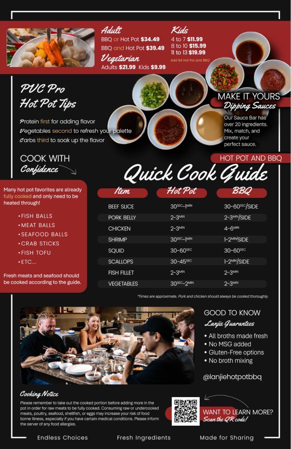 Lanjie menu page two: all-you-can-eat pricing for adults and kids, hot pot tips, dipping sauce bar and the quick cook guide